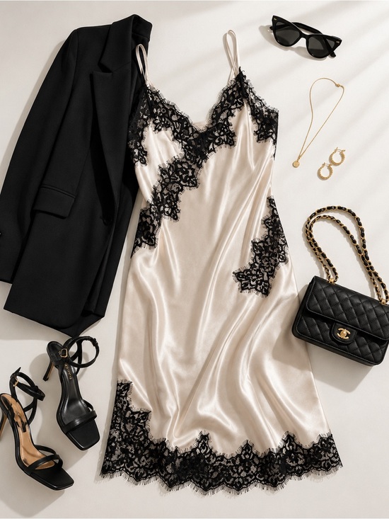 RD Style Dresses & Skirts - Satin Silky Slip Dress with Black Lace Trim